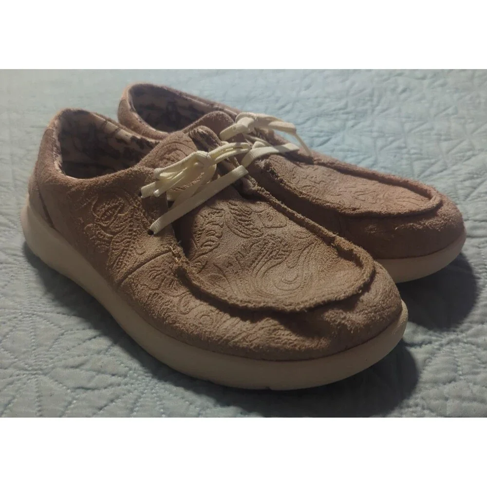 ARIAT HILO Floral Emboss Tan Suede Shoes Women's Sz 9B Lightweight Comfort